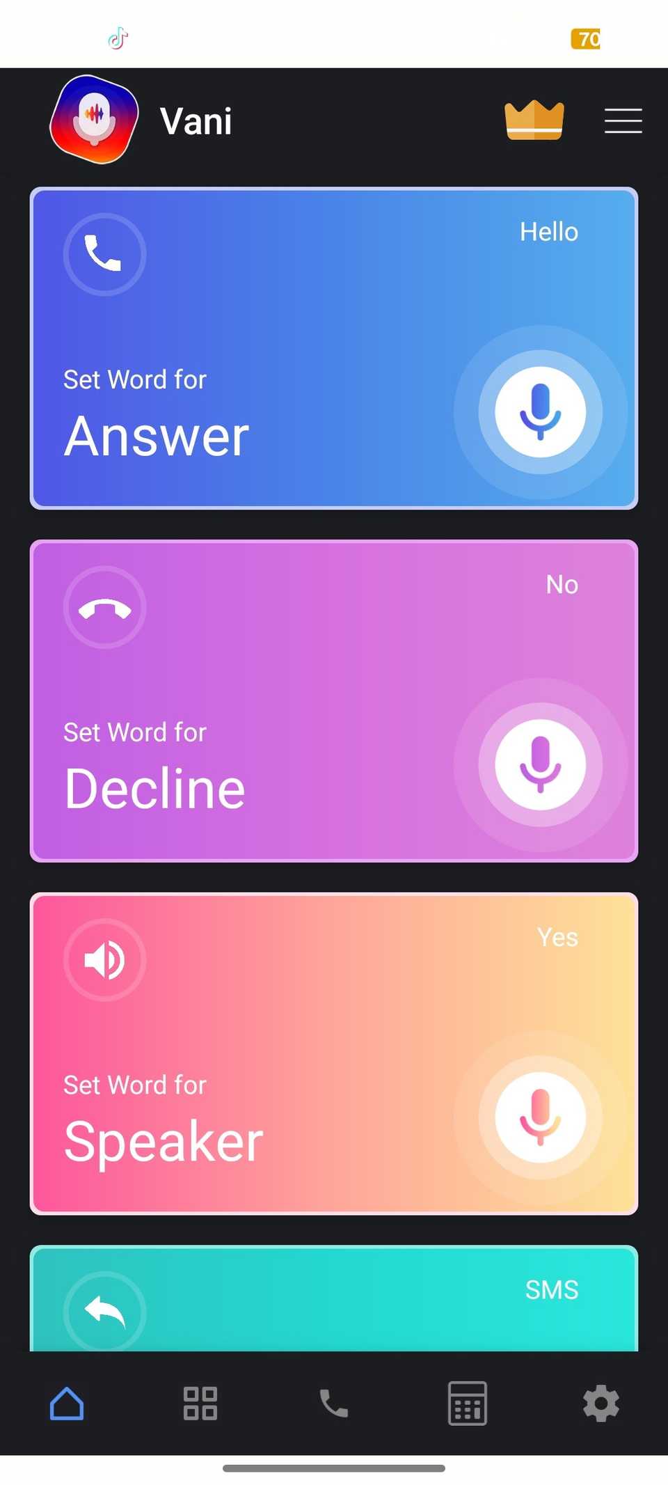 Home menu on Dani dialler app showing custom fields for setting call answer voice commands