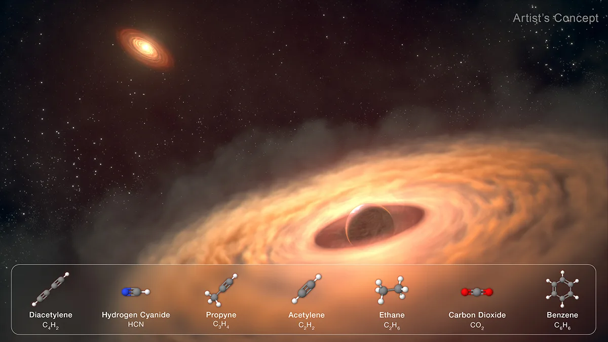 Artist's impression of a dust and gas disk encircling the young exoplanet, CT Cha b, 625 lightyears from Earth. Moons may eventually form from the material within the disc. Credit: NASA, ESA, CSA, STScI, Gabriele Cugno (University of Zürich, NCCR PlanetS), Sierra Grant (Carnegie Institution for Science), Joseph Olmsted (STScI), Leah Hustak (STScI)