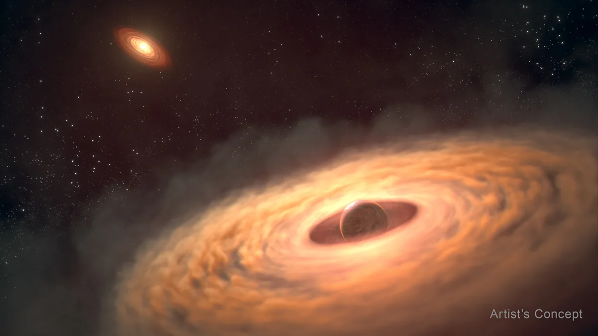 Artist's impression of a dust and gas disk encircling the young exoplanet, CT Cha b, 625 lightyears from Earth. Moons may eventually form from the material within the disc. Credit: NASA, ESA, CSA, STScI, Gabriele Cugno (University of Zürich, NCCR PlanetS), Sierra Grant (Carnegie Institution for Science), Joseph Olmsted (STScI), Leah Hustak (STScI)