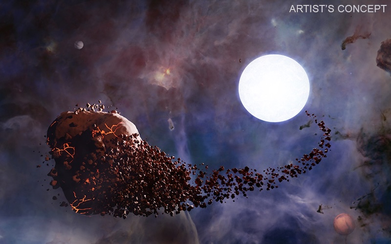 Planet with a long trail of rocky debris near a white star, with colorful cloudy wisps of gas in background.