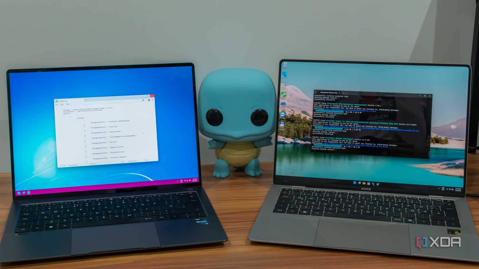 Two Windows 11 laptops, one showing a list of exported apps in Notepad, and the using winget to import said apps