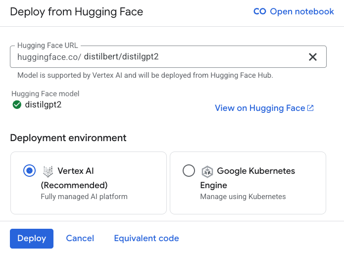 Screenshot of a computer interface for deploying AI models from Hugging Face, featuring options to deploy on Vertex AI or Google Kubernetes Engine. Buttons for deploying, canceling, and viewing equivalent code are visible.