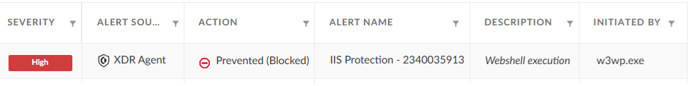 Image displaying a security alert log in Cortex XDR with columns labeled: Severity, which shows 'High' with a red indicator; Alert Source, labeled as 'XDR Agent'; Action, indicating 'Prevented (Blocked)'; Alert Name; Description, described as 'Web shell execution'; and Initiated by, marked as an EXE file.