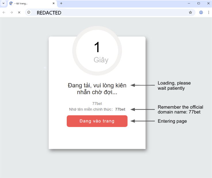 Screenshot of a loading screen on gambling website, featuring a progress indicator at 1 second, Vietnamese text indicating 'Loading, please wait...,' and an English translation 'Loading, please wait patiently.' A button labeled 'Entering page' is displayed below.