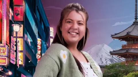Channel 4/Steven Landles Charlotte in promotional image in front of Japanese landmarks image with Mount Fuji in snow behind her as well as a temple and neon-covered high rise buildings. She is standing sideways and smiles facing the camera in a mint green cardigan with flowers embroidered on it over a white top