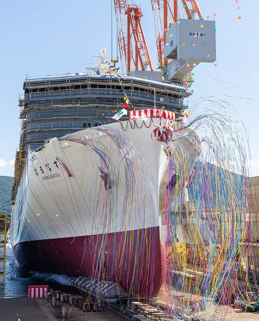 Mitsubishi Shipbuilding Holds Christening and Launch Ceremony in Shimonoseki for Large Car Ferry HAMANASU– Second of Two Large Car Ferries Ordered by Shinnihonkai Ferry and Japan Railway Construction, Transport and Technology Agency —