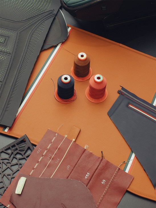 Thread and leather samples at Poltrona Frau’s Montegranaro plant
