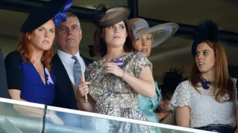 Getty Images Sarah Ferguson, Prince Andrew, Princess Eugenie, Catrina Skepper, Countess Guerrini-Maraldi and Princess Beatrice watching the racing