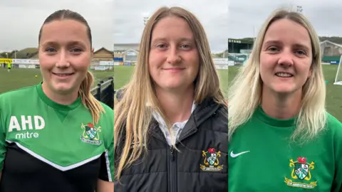 BBC Alaw Davies, Amy Jenkins a Sian Evans - footballers for Aberystwyth Town Women