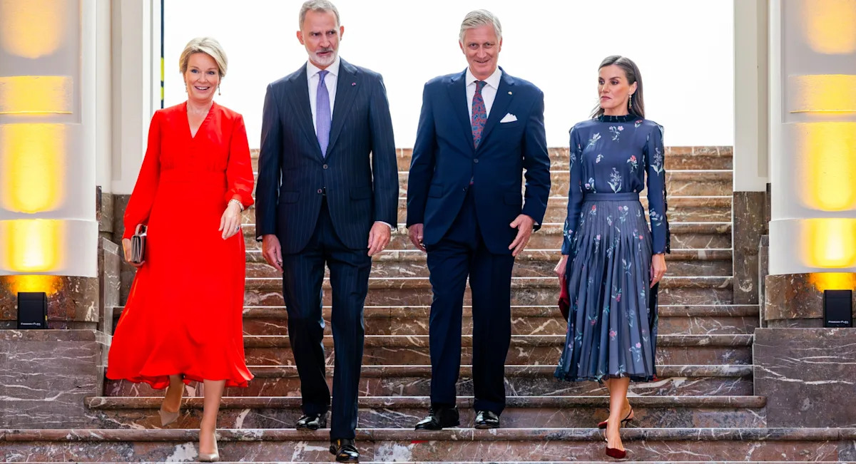 Queen Letizia Styles Subdued Florals in Armani Alongside Queen Mathilde in Dior for Spanish Royals’ Visit to Belgium