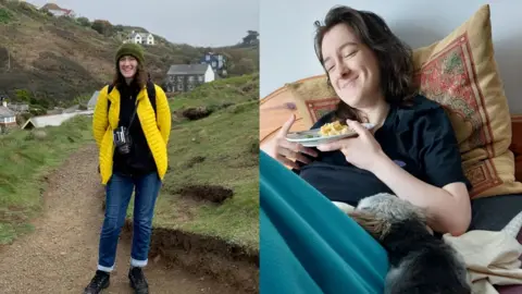 PA Media Two pictures side by side of a young woman, with fair skin and dark brown hair. In the photo on the left, she is standing in a hilly area on a footpath, looking at the camera and smiling, while wearing blue jeans, a black top, a green winter hat, and an unzipped bright yellow jacket. In the photo on the right, she is sat on a sofa with pillows behind her, smiling with her eyes closed and holding a plate with food on it. There is a dog next to her on the right.