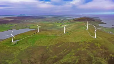 Getty Images An overhead view of the wind turbines of the Burradale wind farm, outside Lerwick in the Shetland Islands, north of the Scottish Mainland