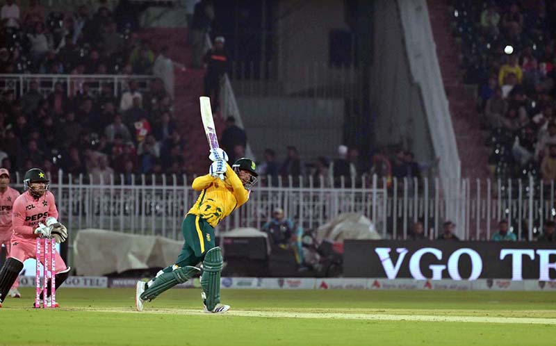South Africa batter Quinton de Kock plays a shot during the 1st T20 cricket match playing between Pakistan and South Africa at Rawalpindi Stadium.