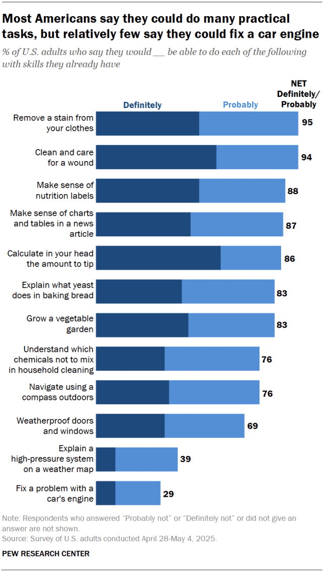 A stacked bar chart showing that most Americans say they could do many practical tasks, but relatively few say they could fix a car engine.