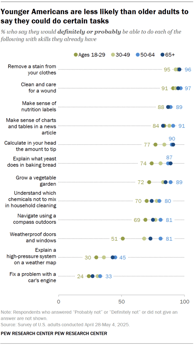 A dot plot showing that younger Americans are less likely than older adults to say they could do certain tasks.