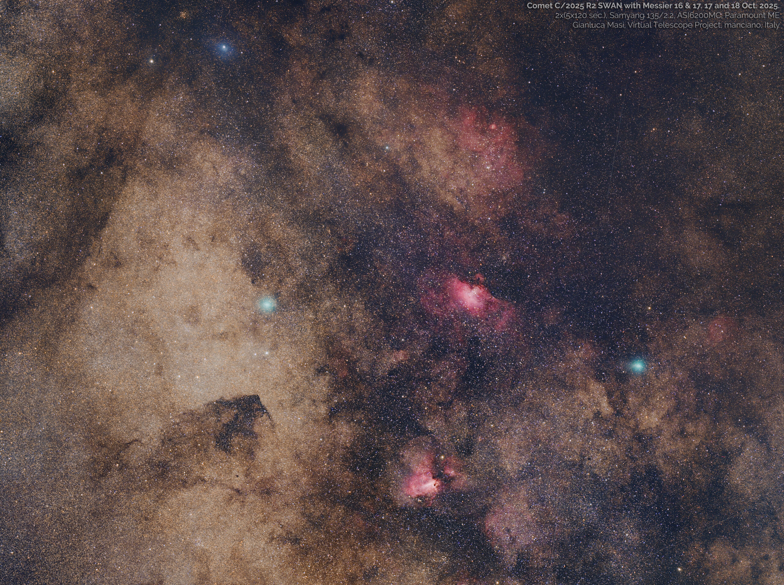 Comet C/2025 R2 SWAN meets Messier 16 and Messier 17: a new image – 18 Oct. 2025.