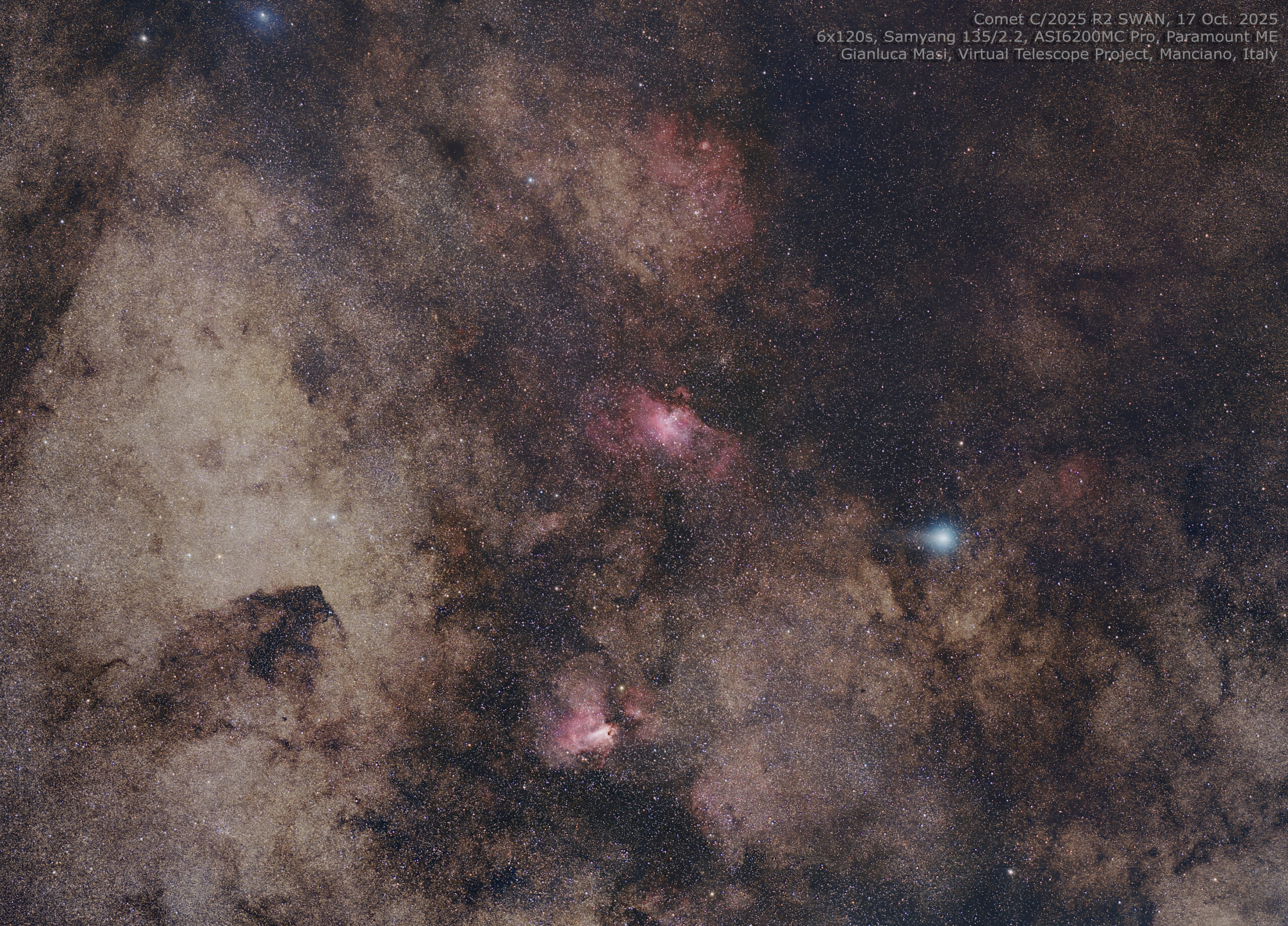 Comet C/2025 R2 SWAN with messier 16 and Messier 17 – 17 Oct. 2025.