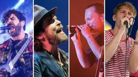 Getty Images A composite image of the frontmen of Foals, Supergrass, Radiohead and Glass Animals, singing into microphones on stage.