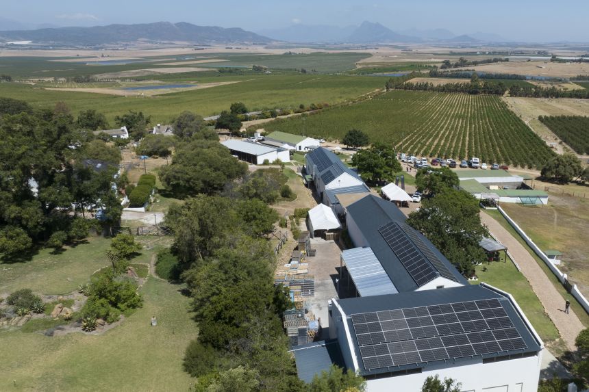 An aerial view of solar panels at Ayama Winery on February 4, 2024 near Windmeul in the Western Cape Province of South Africa.