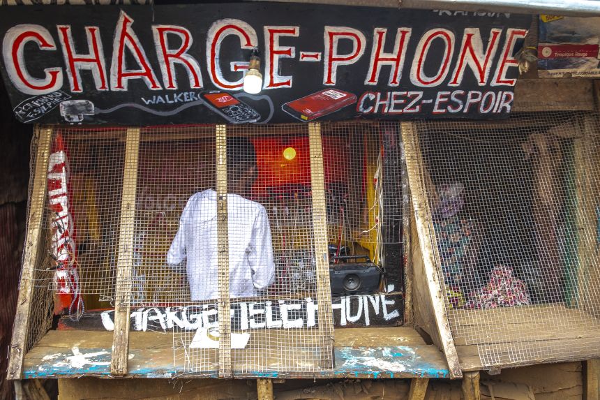 A phone battery charging shop in Kadutu neighborhood, Bukavu city, DRC.