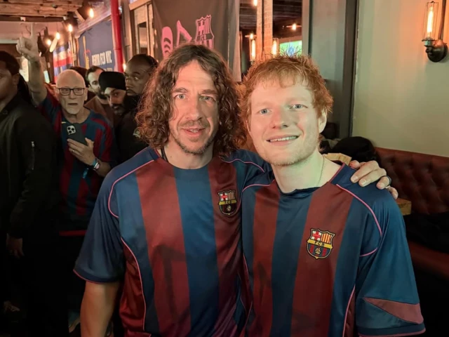 Ed Sheeran and Carles Puyol go wild celebrating Barcelona goal in New York