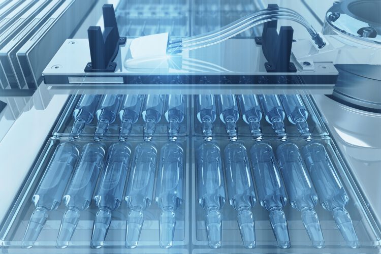 Raman PAT vaccine - ampoules of liquid on a production line