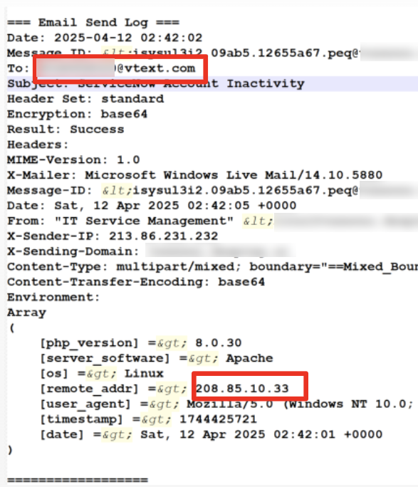 Screenshot of an email header displaying various metadata fields such as date, subject, and server information, indicating the use of Microsoft Windows and Linux operating systems. Two sections are highlighted in red boxes. 