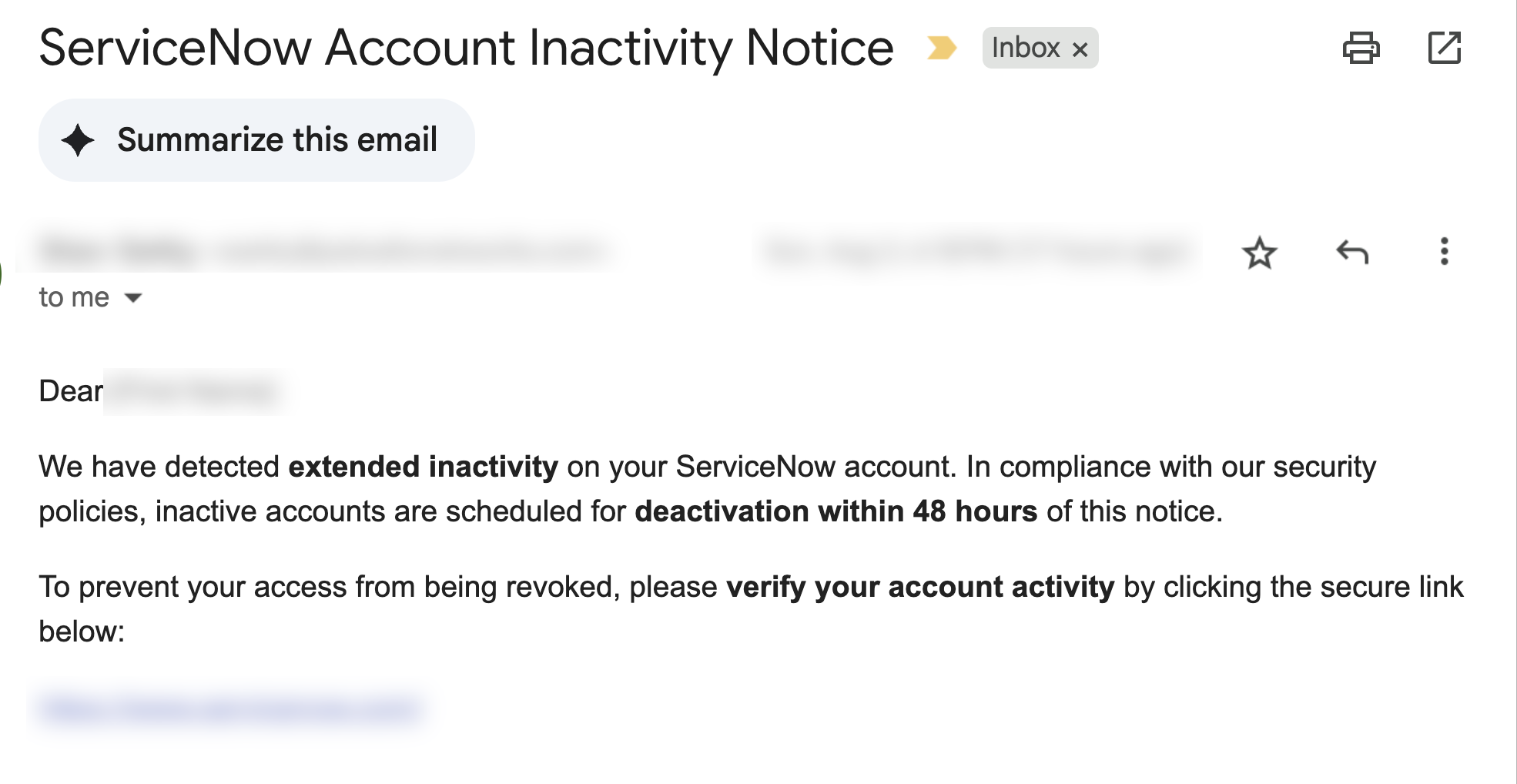 An email screenshot from ServiceNow titled "ServiceNow Account Inactivity Notice," alerting the recipient of detected inactivity on their account and asking them to verify their account activity within 48 hours to prevent deactivation. Some of the information is redacted for privacy concerns. 
