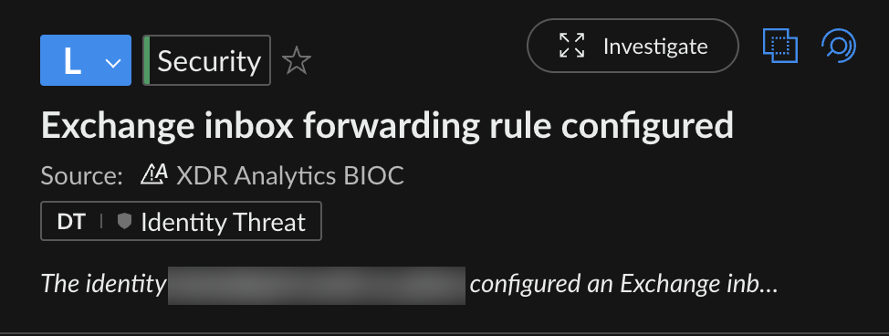 Screenshot of a security alert from XDR Analytics indicating an "Exchange inbox forwarding rule configured" identified as an Identity Threat.