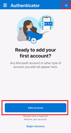 Screenshot of the Microsoft Authenticator app onboarding screen with an illustration featuring a person and a cat next to a mobile device displaying security features. There are options to 'Add account' and links for 'Begin recovery' and checking if the user already has a backup.