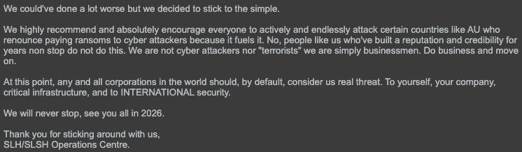 Telegram screenshot with a statement from the threat actors on their continuous operations targeting global corporations and critical infrastructure, and insisting they are not criminals but businessmen.