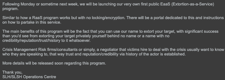 Telegram screenshot announcing the launch of a new EaaS (Extortion-as-a-Service), detailing features such as anonymity and professional negotiation support, with further details to be released soon.