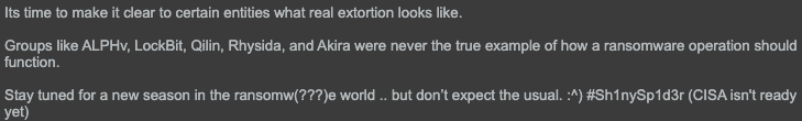 Telegram screenshot: "It's time to make it clear to certain entities what real extortion looks like." The rest of the text lists other cybercrime groups and asks the readers to stay tuned on what's new. 