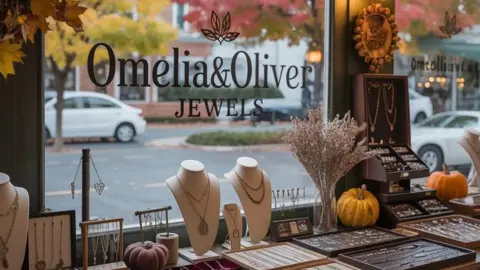 Omelia and Oliver Jewels An AI-generated image of a shop window has the print 'Omelia and Oliver Jewels' with autumnal trees on the road outside. Rows of necklaces with intricate designs are laid out on a table by the window. 
