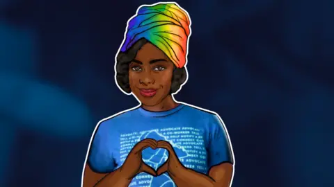 Grit A graphic image of a young woman in a blue T-shirt with a multi-coloured headscarf. She is holding her hands in a heart shape. 