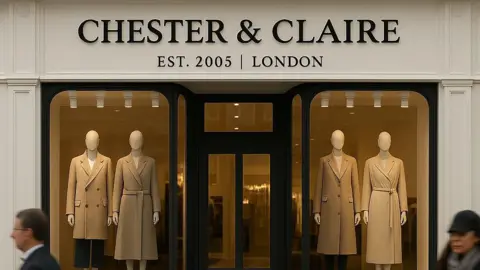Chester and Claire An AI-generated shop front, named 'Chester and Claire', has four mannequins dressed in beige coats in the shop window. People are apparently walking in front of the shop outside. 