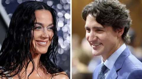 Getty Images / PA A composite image showing Katy Perry smiling with her hair down, and Justin Trudeau smiling while wearing a blue suit