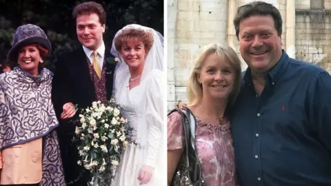 BBC Split pic with Sue and Alex Tatham's wedding, and guest Cilla Black, on the left, and a more recent photo of Sue and Alex smiling. 