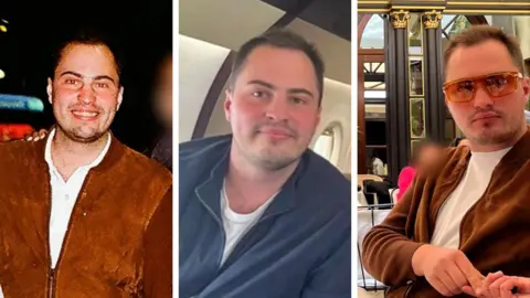 BBC/SpunGold TV A composite image showing three photos of Miles, one smiling broadly on a night out with friends, one inside a plane, and in the last image, sitting at a cafe table outside in a square with ornate buildings, wearing a pair of yellow-tinted sunglasses and a suede jacket. 