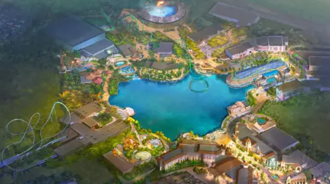 Universal Destinations & Experiences/Comcast An artist's impression of the proposed Universal theme park. There is a lake in the middle with various rides and buildings around the edge.