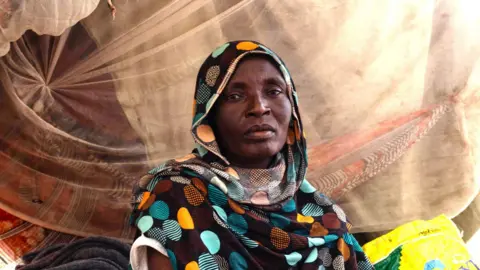 AFP via Getty Images A woman who has fled el-Fasher sits in a makeshift tent in a camp for displaced people.