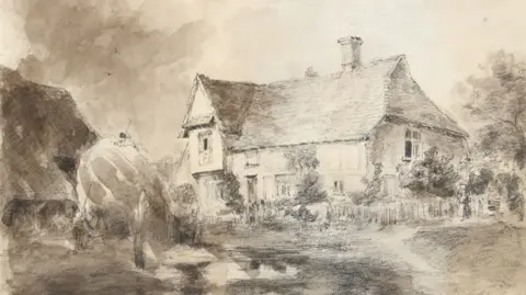Roseberys A chalk drawing of a house in the countryside. The house, trees and a fence around the property has been drawn. 