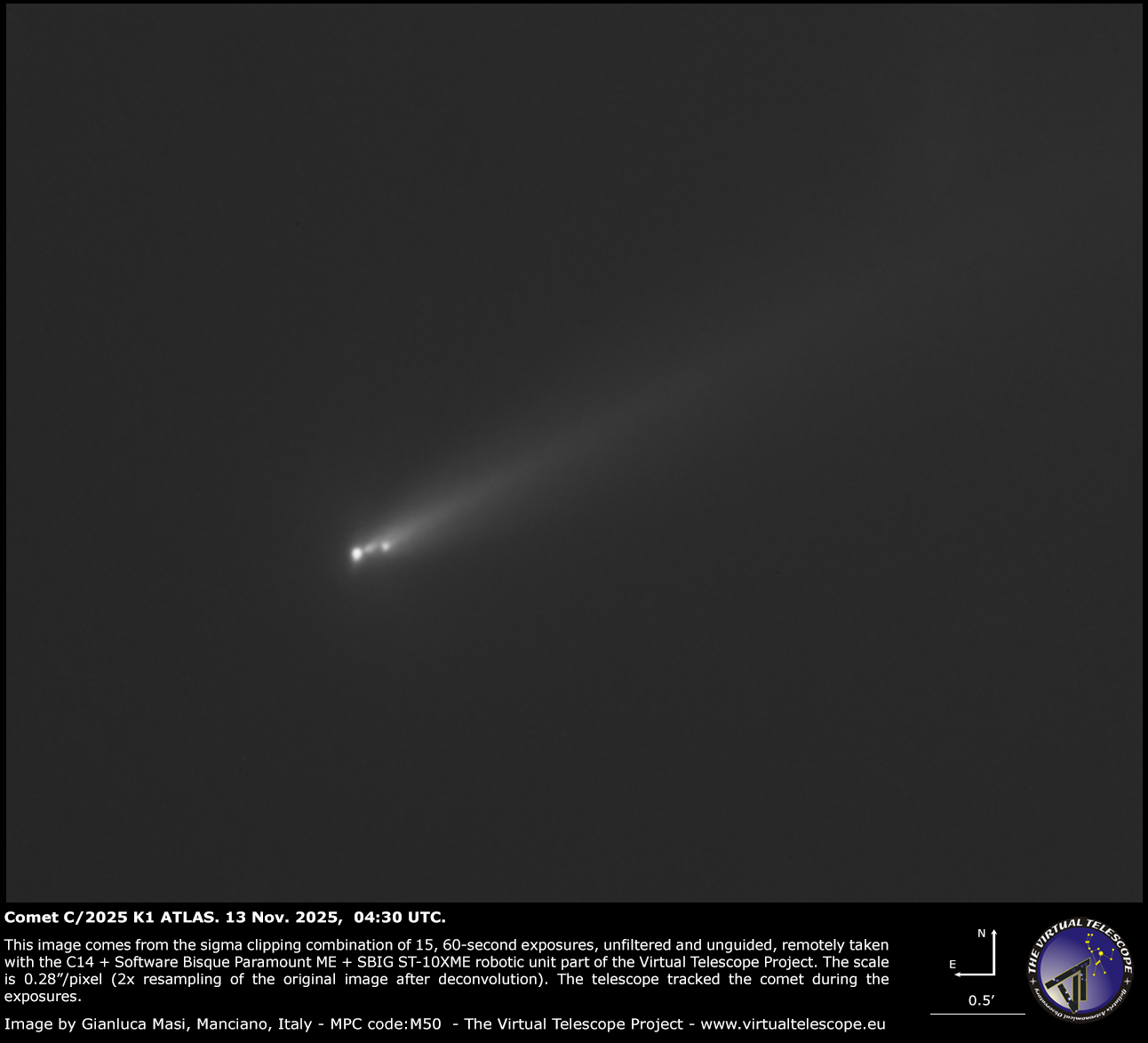 Comet C/2025 K1 ATLAS fragmentation: 13 Nov. 2025 image and animation.