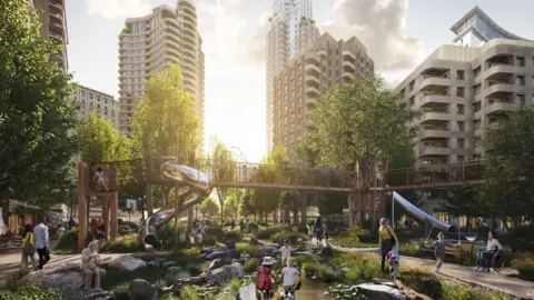 ECDC A digital mock up of the view across the estate, showing a green space with children's park and high rise buildings in the distance 