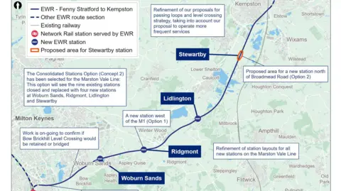 East West Rail A map showing where four new railways stations are to be built along a railway line. The map shows four towns and villages in bold blue and further writing. They are overlaid over a map showing Bedfordshire and parts of Buckinghamshire. 