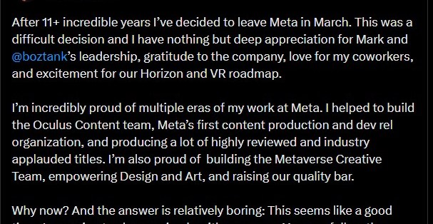 Now that Meta’s no longer bankrolling VR game studios, its VR game boss is leaving.