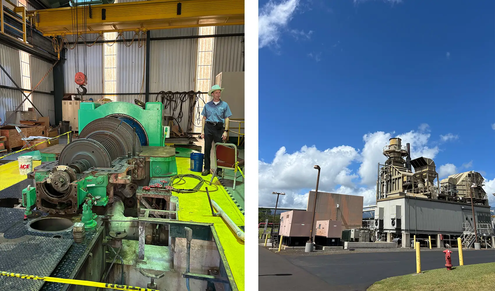 Two images; the first of a large machine in a warehouse, the second of a generator and building under a blue sky.